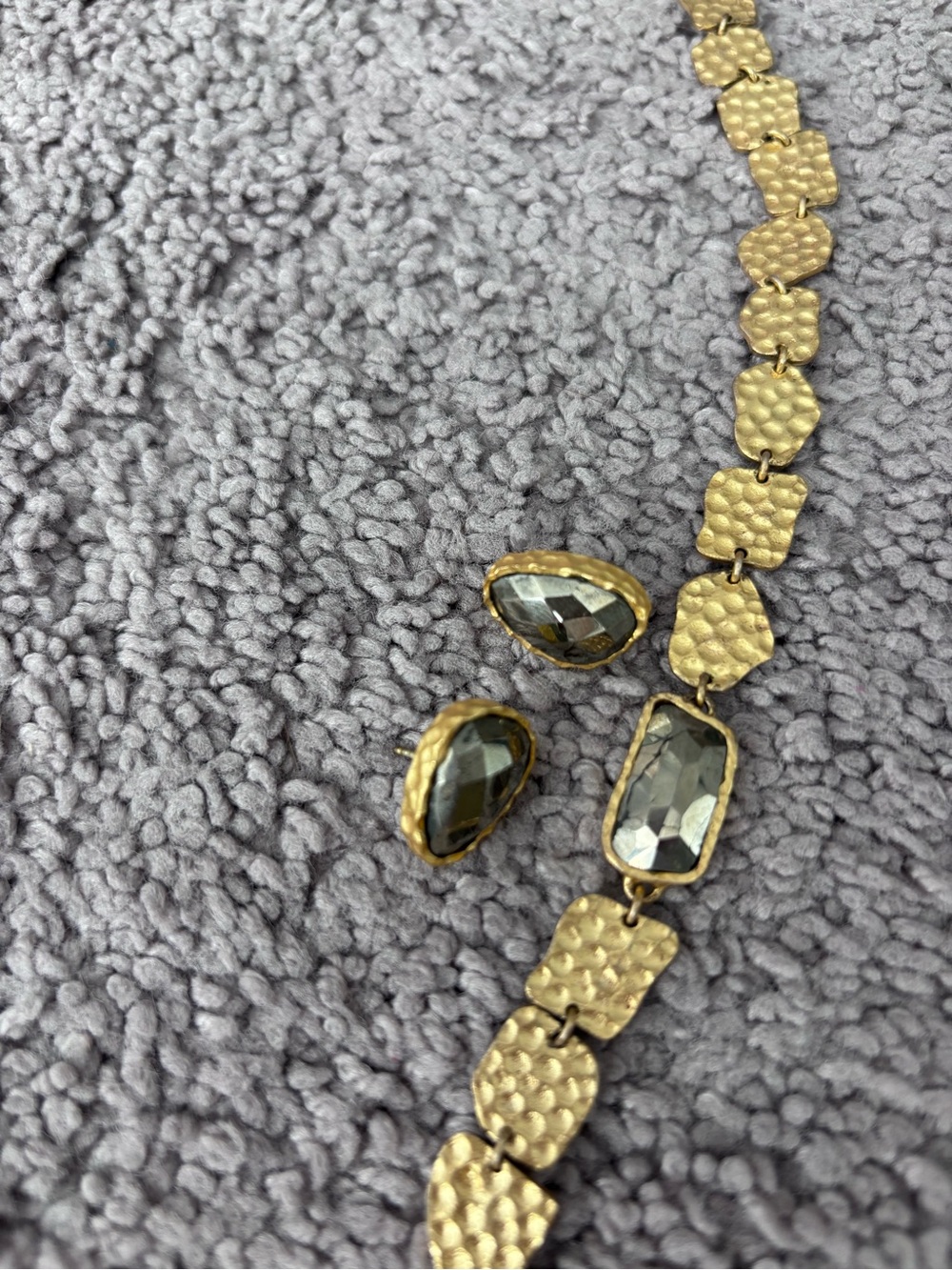 Hammered Gold-Tone Necklace and Earrings with Smoky Stones.